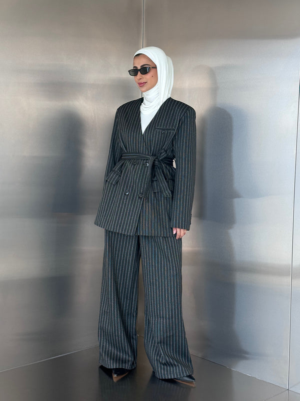 Vneck Pinstripe Belted Woolen 2PC Set