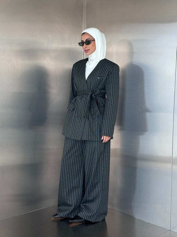 Vneck Pinstripe Belted Woolen 2PC Set