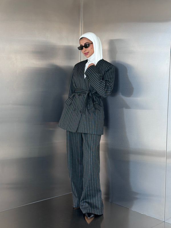 Vneck Pinstripe Belted Woolen 2PC Set