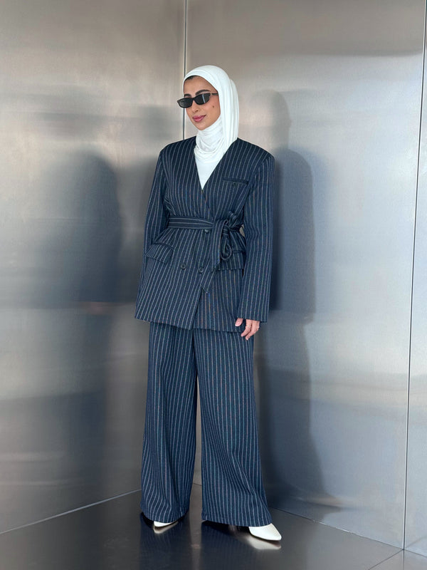 Vneck Pinstripe Belted Woolen 2PC Set