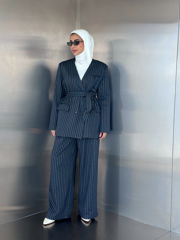Vneck Pinstripe Belted Woolen 2PC Set