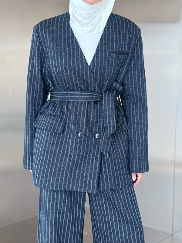 Vneck Pinstripe Belted Woolen 2PC Set
