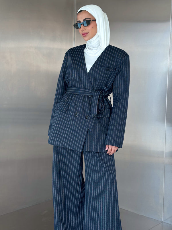 Vneck Pinstripe Belted Woolen 2PC Set