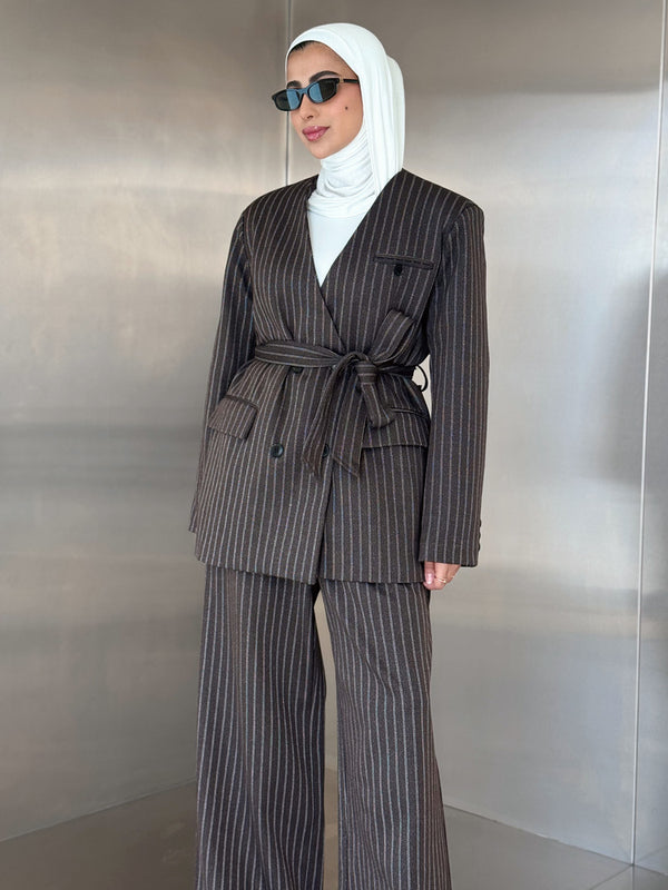 Vneck Pinstripe Belted Woolen 2PC Set