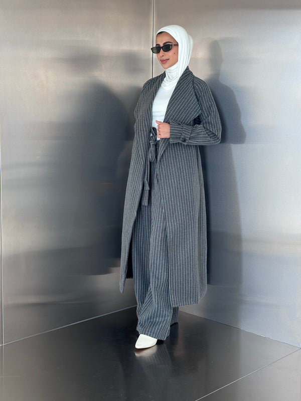 Pinstripe Woolen Coat Set w/ Belt