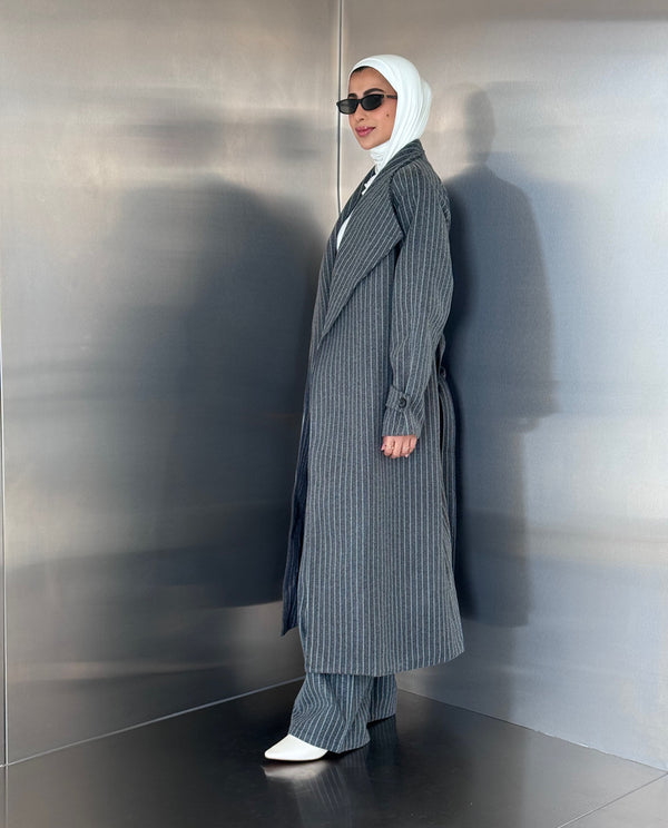 Pinstripe Woolen Coat Set w/ Belt