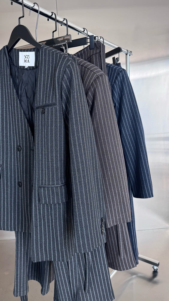 Vneck Pinstripe Belted Woolen 2PC Set