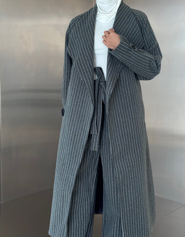 Pinstripe Woolen Coat Set w/ Belt