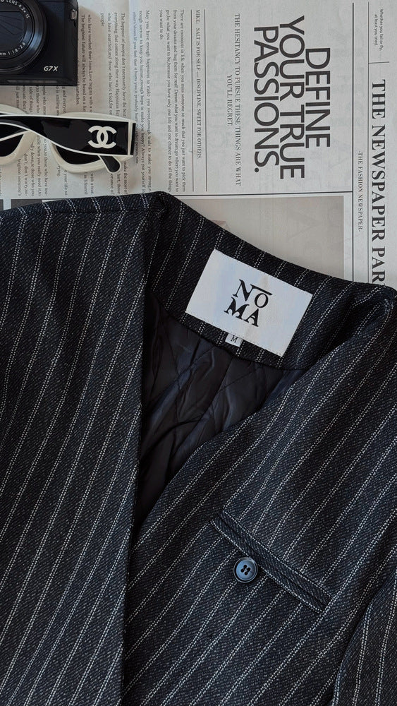 Vneck Pinstripe Belted Woolen 2PC Set