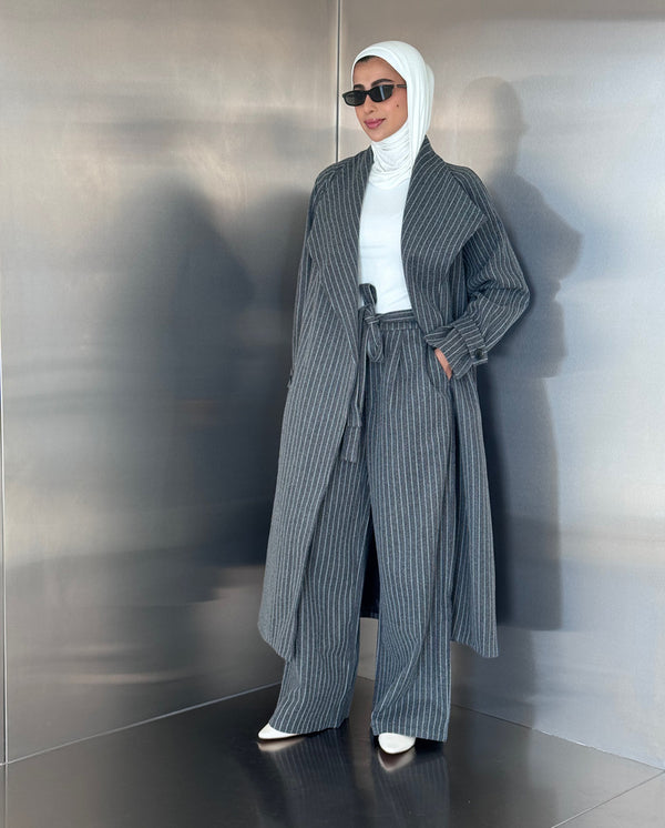 Pinstripe Woolen Coat Set w/ Belt