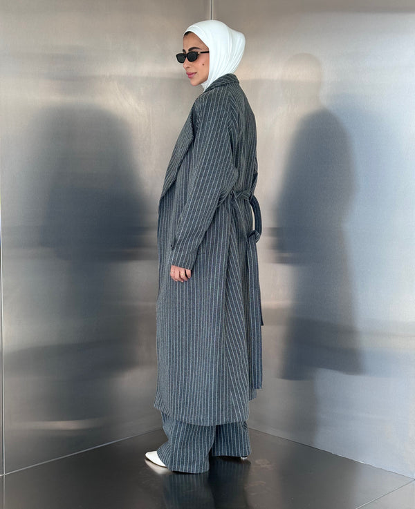 Pinstripe Woolen Coat Set w/ Belt