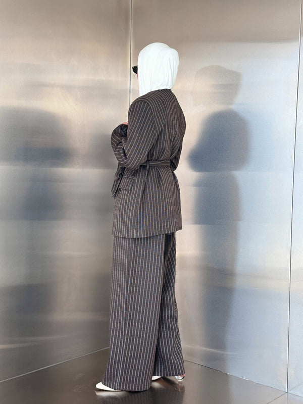 Vneck Pinstripe Belted Woolen 2PC Set