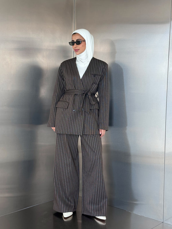 Vneck Pinstripe Belted Woolen 2PC Set