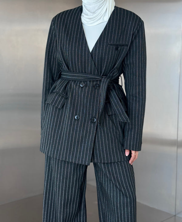 Vneck Pinstripe Belted Woolen 2PC Set