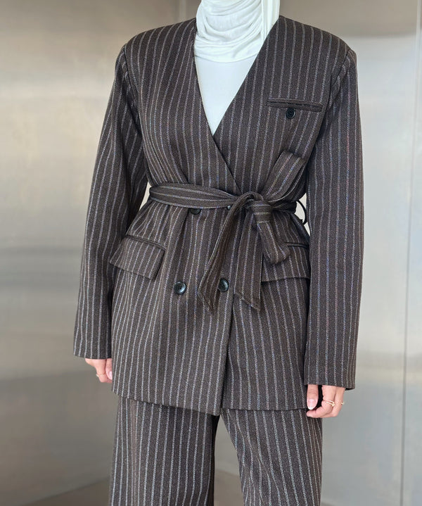 Vneck Pinstripe Belted Woolen 2PC Set