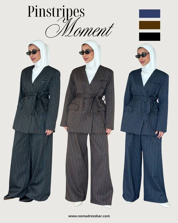 Vneck Pinstripe Belted Woolen 2PC Set