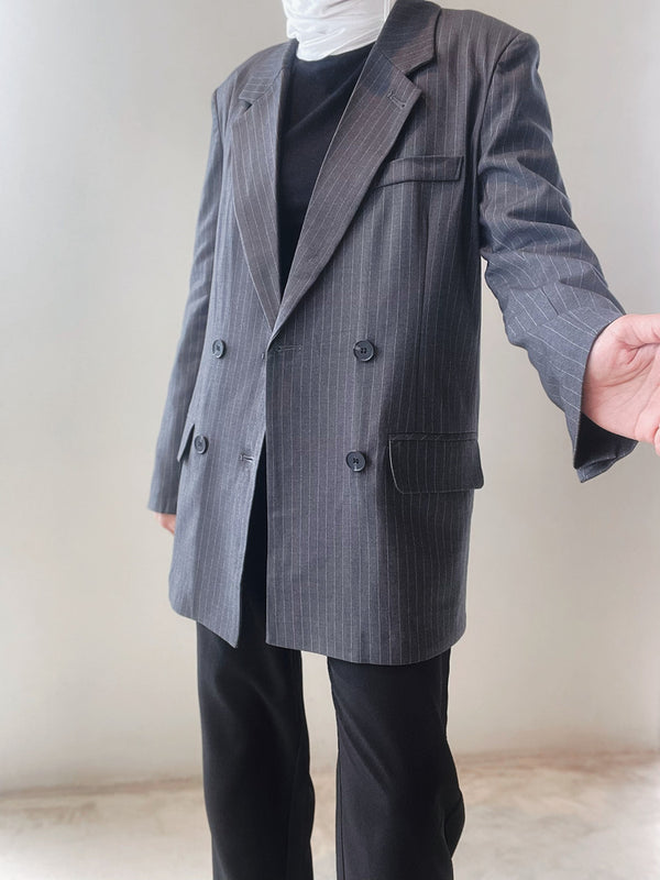 Striped Gray Blazers Medium Length Female Korean Style