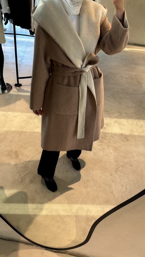 Loose Belt Gathered Waist Mid Length Coat
