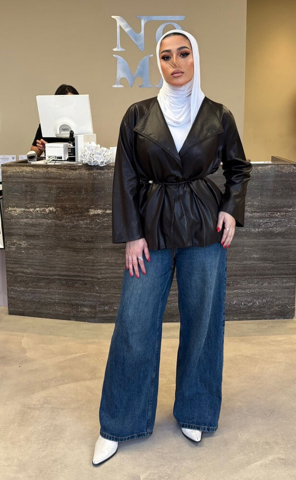 Stylish Tie-waist Leather Jacket