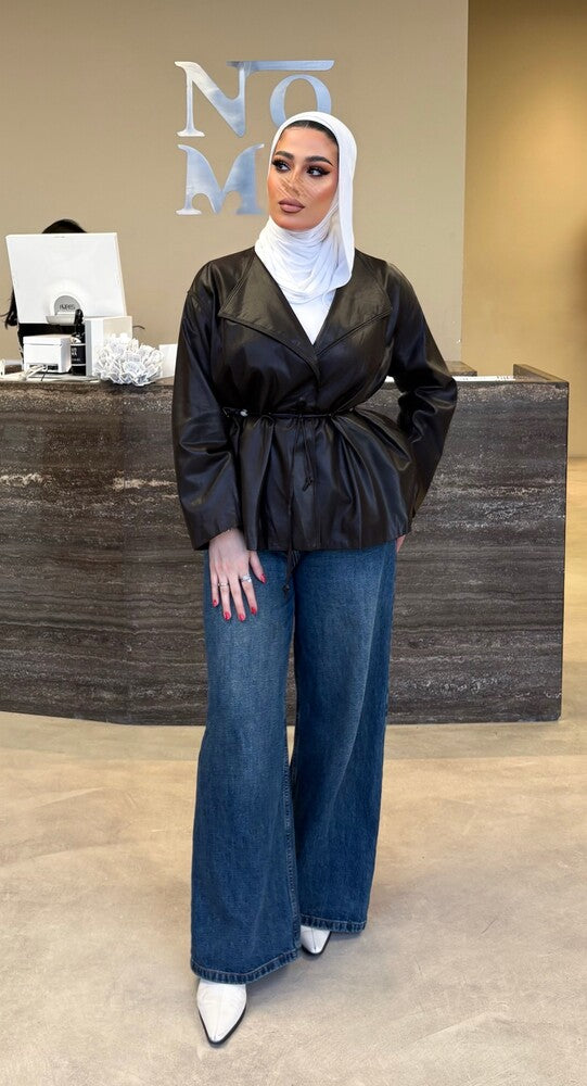 Stylish Tie-waist Leather Jacket