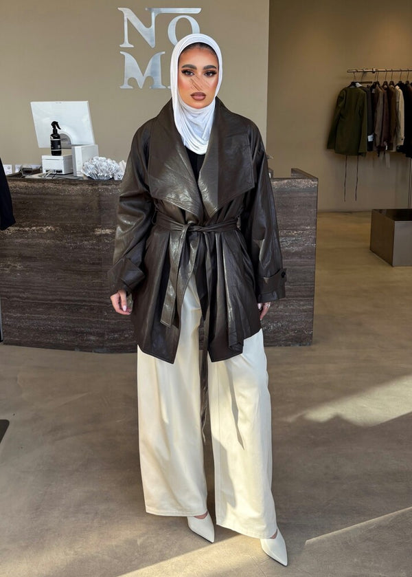 Huge Lapel  Leather Belted Jacket