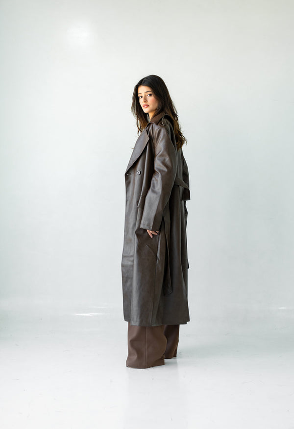 6 Buttons PU Leather Long Coat