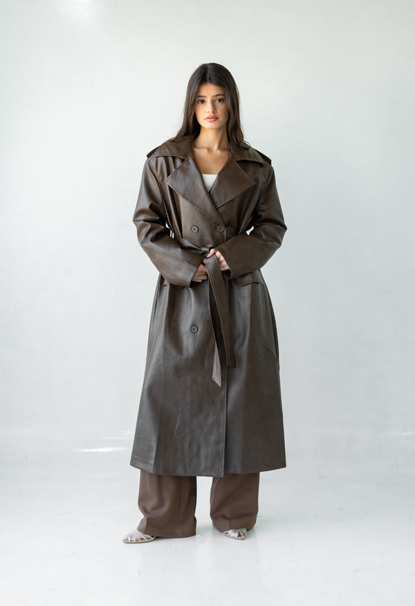 6 Buttons PU Leather Long Coat