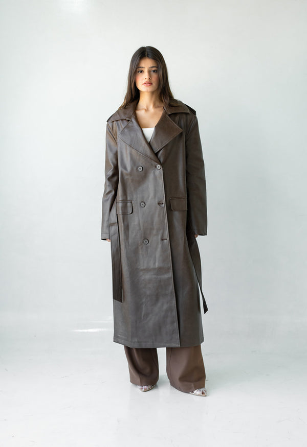 6 Buttons PU Leather Long Coat