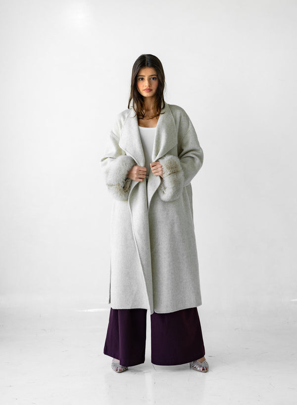 Belted Long Woolen Coat w/ Fur Cuffs