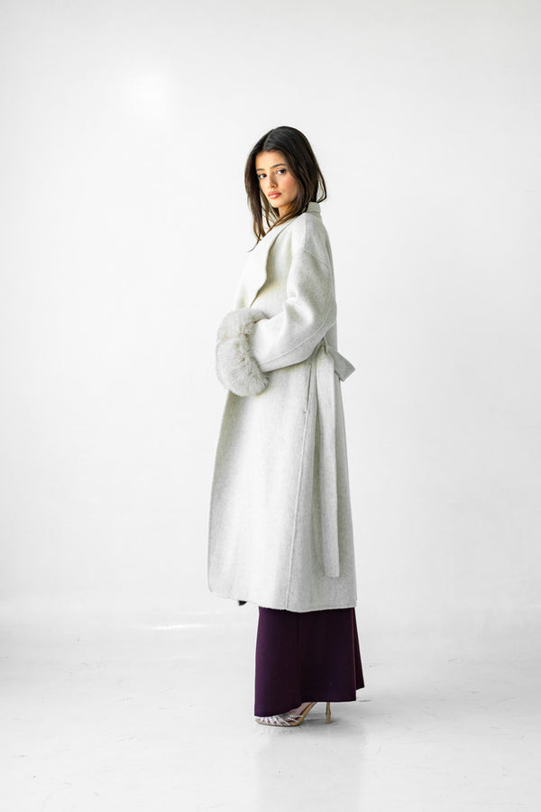 Belted Long Woolen Coat w/ Fur Cuffs