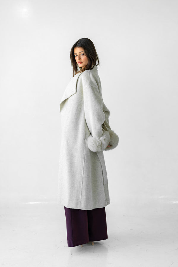 Belted Long Woolen Coat w/ Fur Cuffs