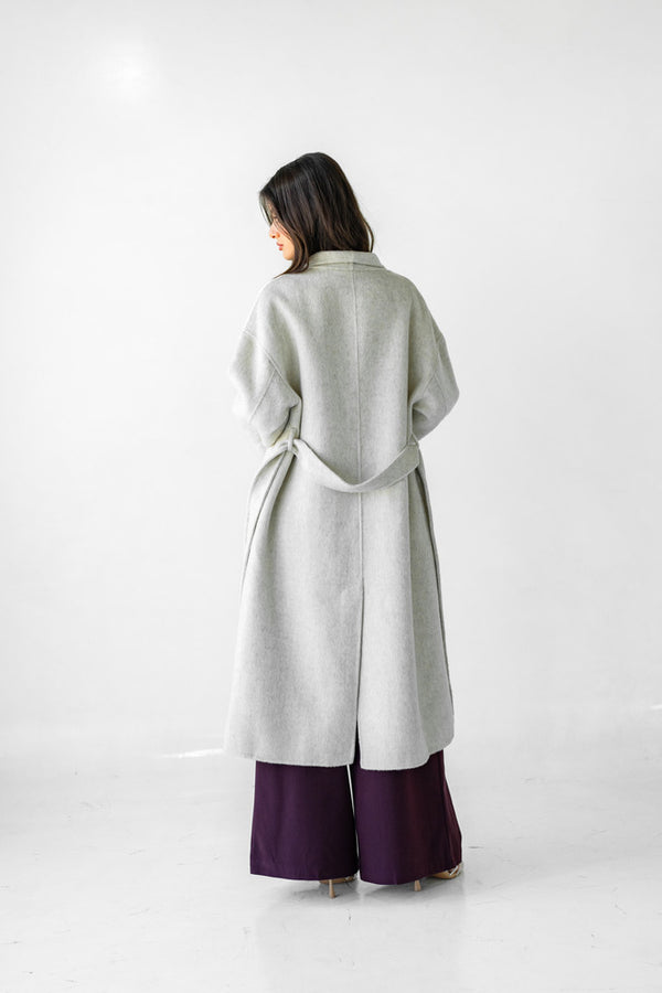 Belted Long Woolen Coat w/ Fur Cuffs