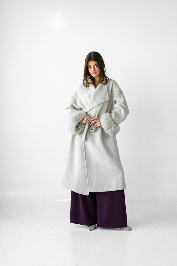 Belted Long Woolen Coat w/ Fur Cuffs