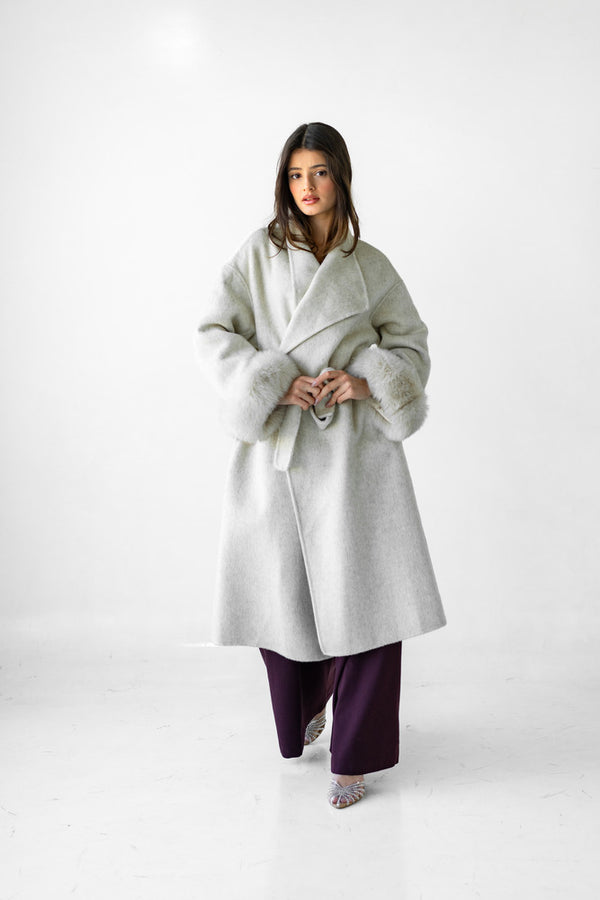 Belted Long Woolen Coat w/ Fur Cuffs