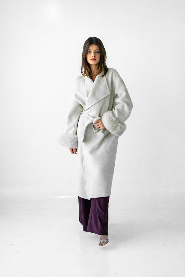 Belted Long Woolen Coat w/ Fur Cuffs