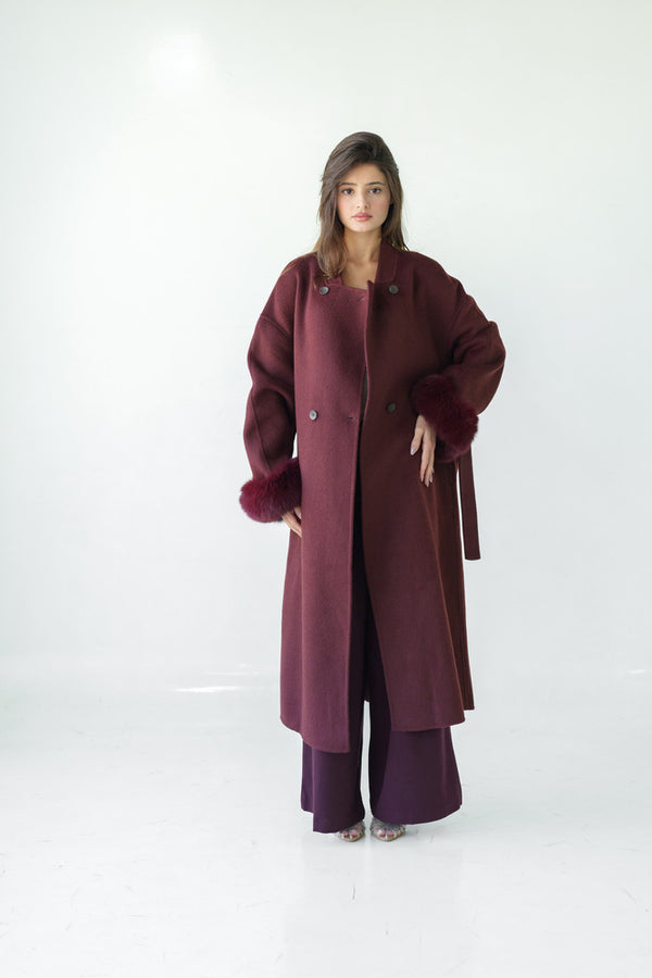 Loose Belt Overcoat with Fur Cuffs