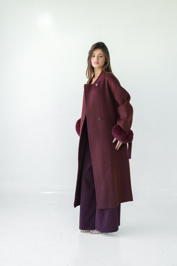 Loose Belt Overcoat with Fur Cuffs