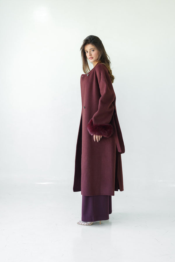 Loose Belt Overcoat with Fur Cuffs