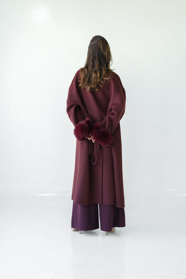 Loose Belt Overcoat with Fur Cuffs