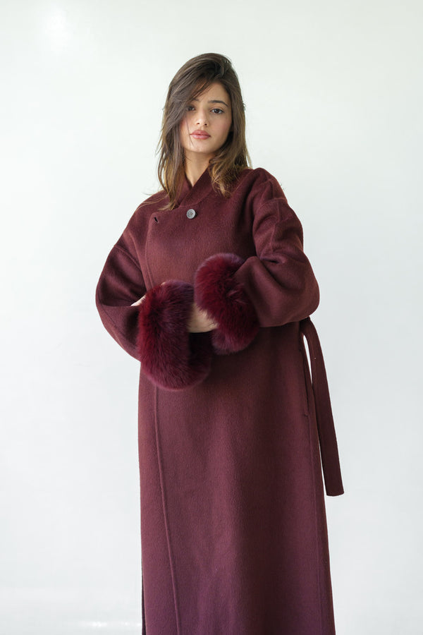 Loose Belt Overcoat with Fur Cuffs