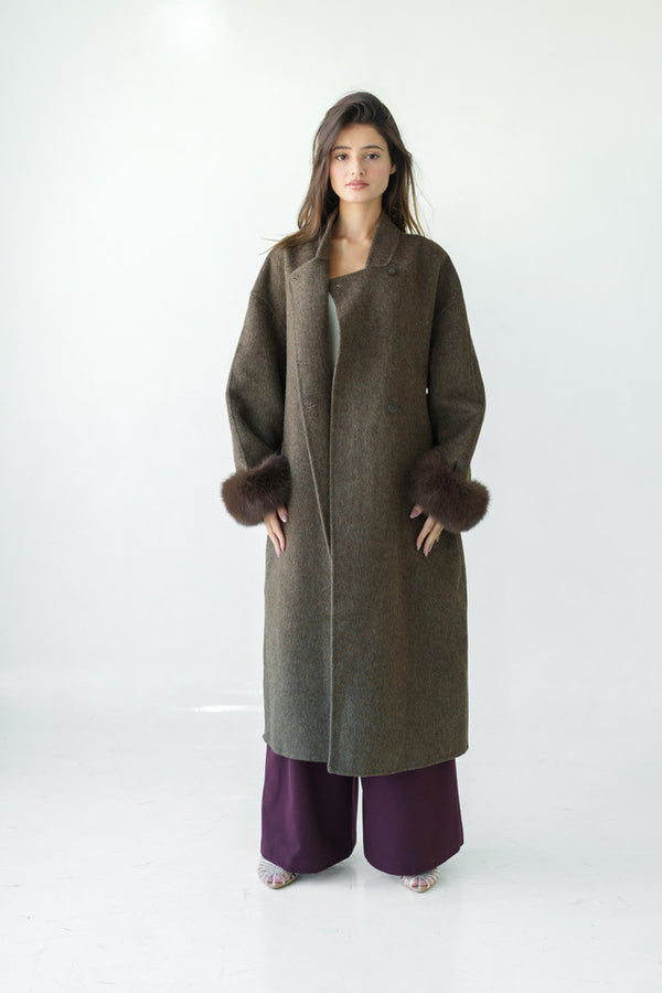 Loose Belt Overcoat with Fur Cuffs