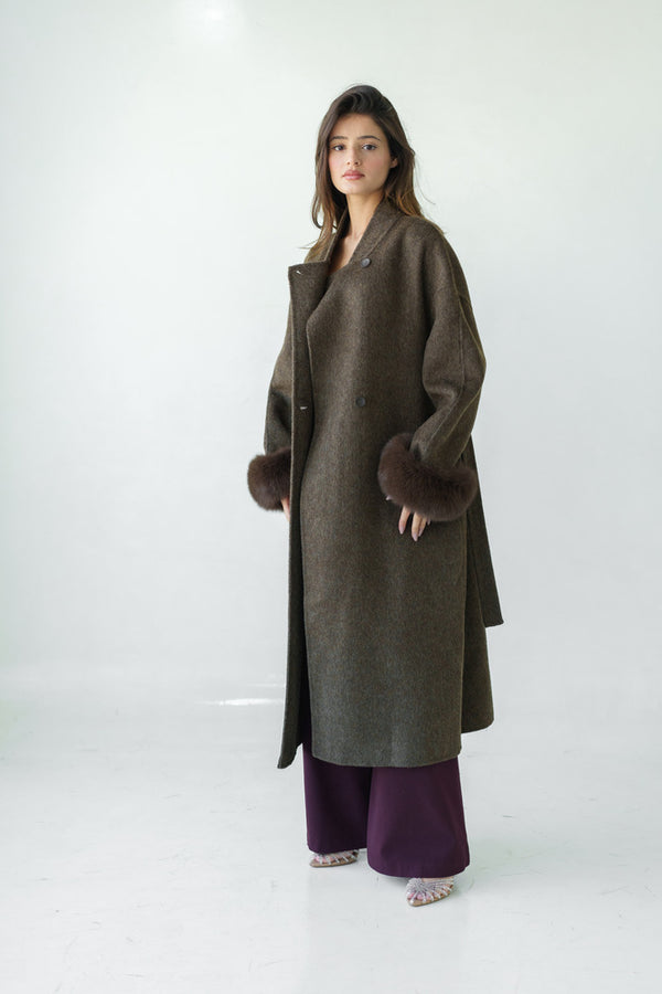 Loose Belt Overcoat with Fur Cuffs