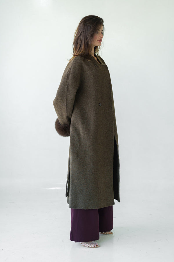 Loose Belt Overcoat with Fur Cuffs