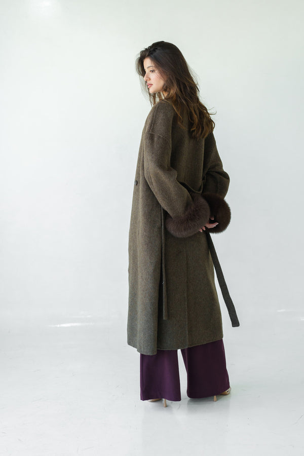 Loose Belt Overcoat with Fur Cuffs