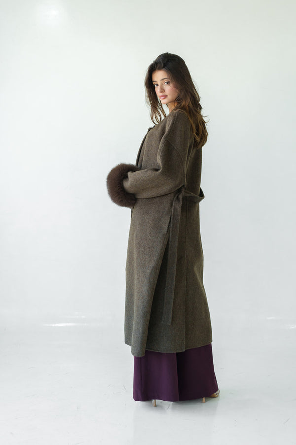 Loose Belt Overcoat with Fur Cuffs