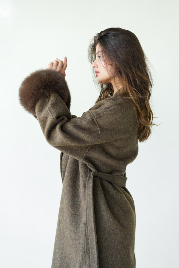 Loose Belt Overcoat with Fur Cuffs