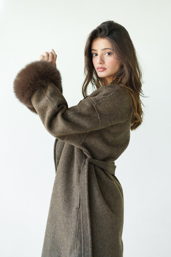 Loose Belt Overcoat with Fur Cuffs