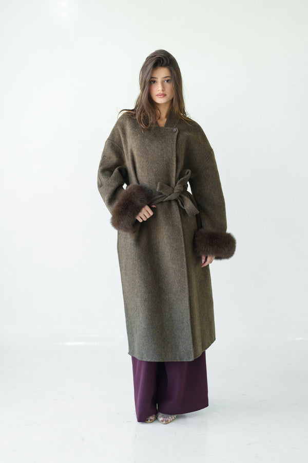 Loose Belt Overcoat with Fur Cuffs