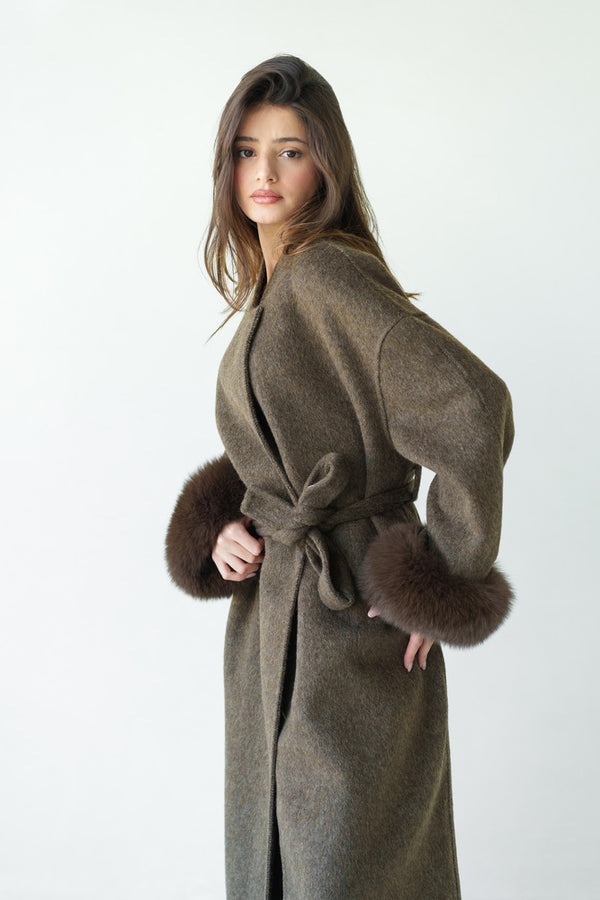 Loose Belt Overcoat with Fur Cuffs