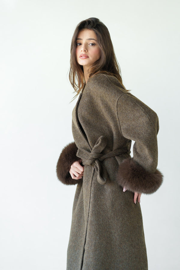 Loose Belt Overcoat with Fur Cuffs